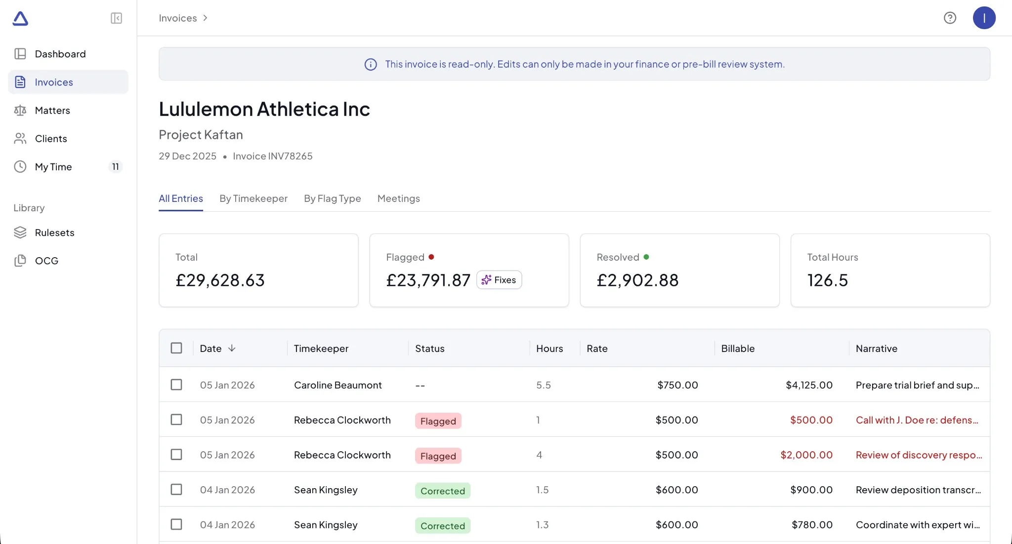 Read-only billed invoice