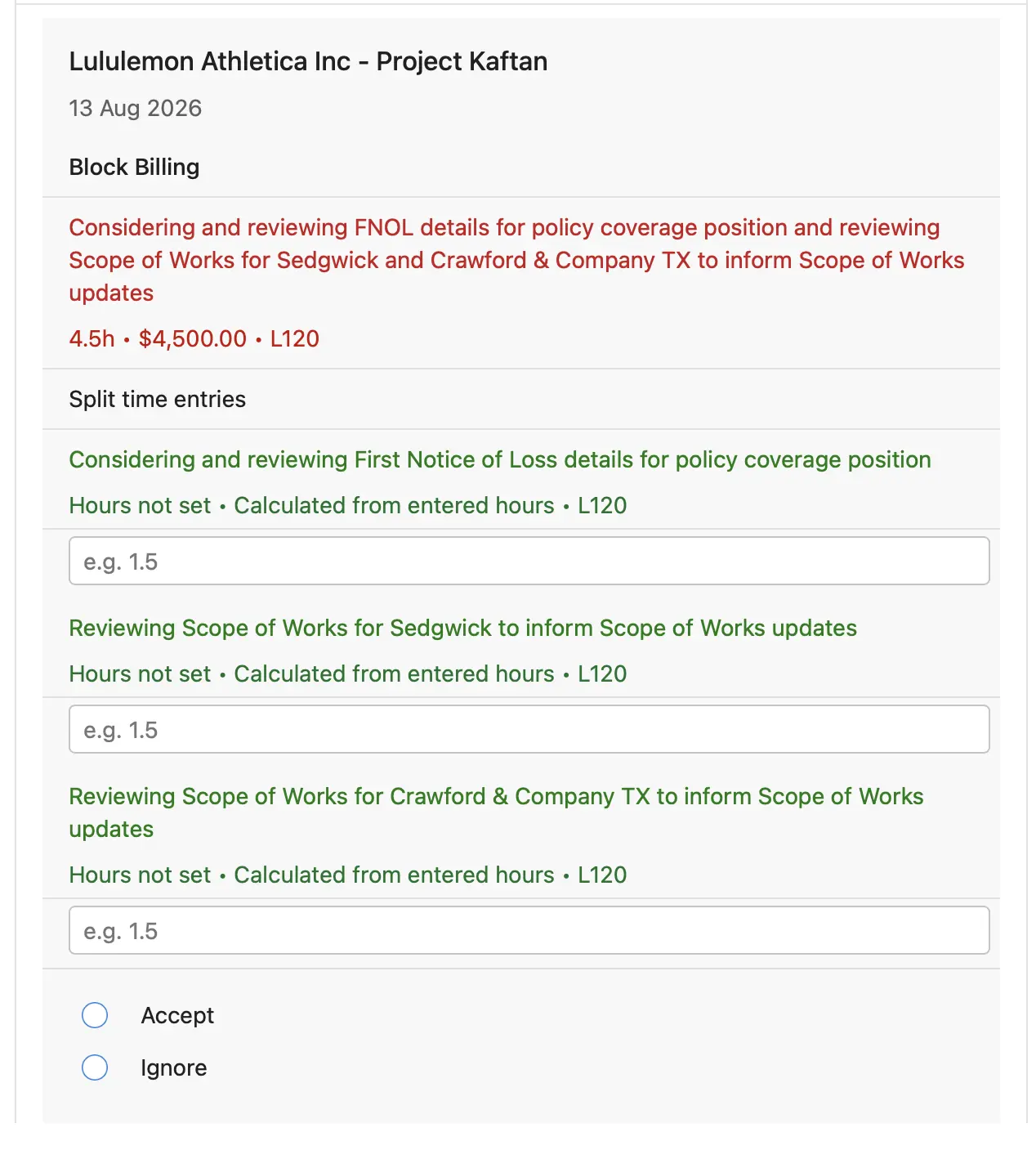 Actionable recent time fixes email with a block billing split needing hours entered