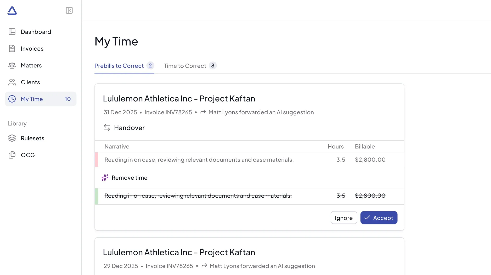 Prebills to Correct tab