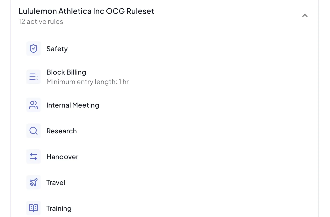 Common rules example showing a ruleset with Safety, Block Billing, Internal Meeting, Research, Handover, Travel, and Training rules